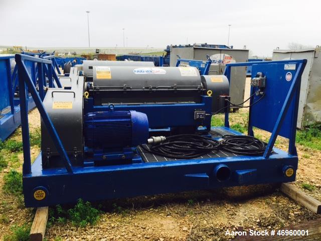 Used Kemtron Barite Recovery and Dewatering Centrifuge, Model KT-1448HD. Maximum G Force 2100, maximum speed 3300 rpm. Stainless steel bowl construction. Bowl diameter 14", bowl length 48".
