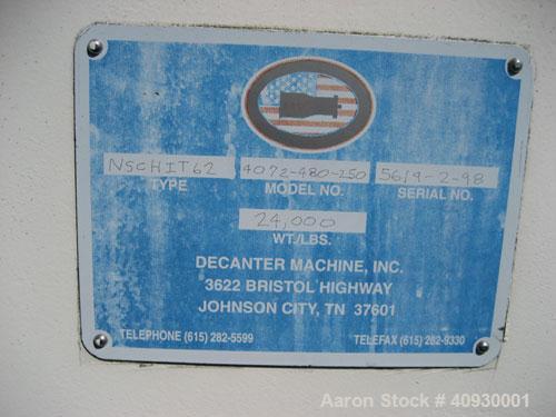 Used Decanter Machine 40" x 72" Solid Bowl Decanter Centrifuge. Type NSCHIT62, model 4072-480-250, carbon steel construction. Base, casing, gearbox with torque arm assembly, lube system, feed pipe, s...