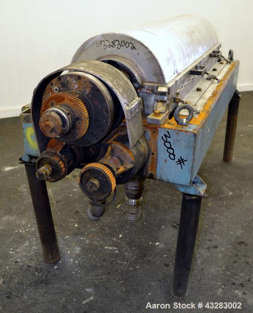Used Alfa Laval NX-418 (2 or 3 phase) Solid Bowl Decanter Centrifuge. 316 Stainless steel construction (product contact areas), maximum bowl speed 3250 rpm, single row of lined cake discharge ports, ...