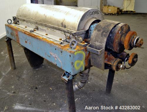 Used Alfa Laval NX-418 (2 or 3 phase) Solid Bowl Decanter Centrifuge. 316 Stainless steel construction (product contact areas), maximum bowl speed 3250 rpm, single row of lined cake discharge ports, ...
