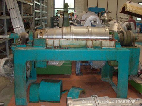 Used Pallucchini 350 Solid Bowl Decanter Centrifuge. 316 Stainless steel construction on product contact parts. Max bowl speed 3500 rpm, 2 phase separation (liquid/solids), single lead conveyor, sing...