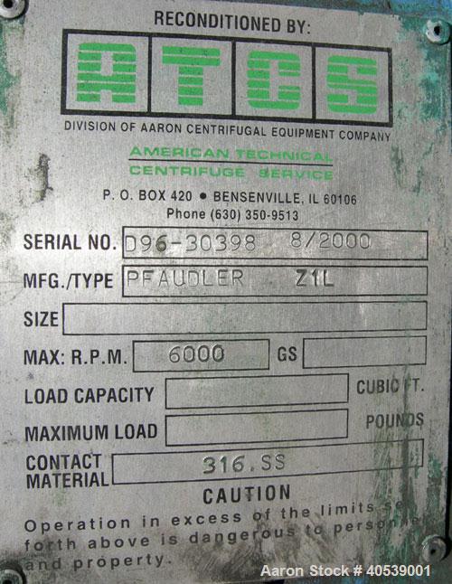Reconditioned-Pfaudler/Flottweg Z1L solid bowl decanter centrifuge. 316 stainless steel construction (product contact areas), hardfaced solids discharge ports, 1.5" single lead conveyor, cyclo gearbo...