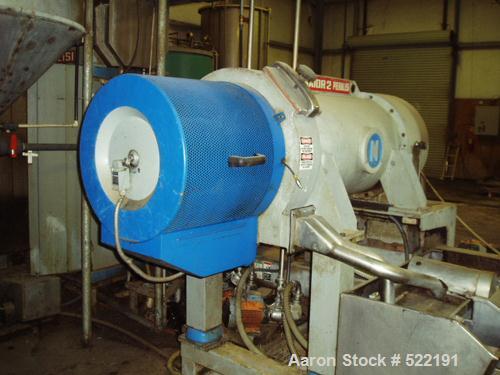 USED: Pieralisi Major 2 solid bowl decanter centrifuge, stainlesssteel construction on product contact areas. Sanitary configuration.Prior use: olive oil. L/D ratio 3.48, max bowl speed 4100 rpm, sin...