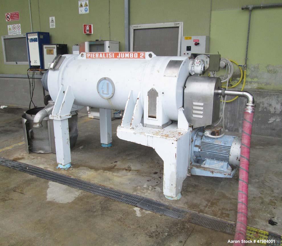 Used Pieralisi Jumbo 2 Solid Bowl Decanter Centrifuge. Stainless steel on product contact areas. Maximum bowl speed 3250 rpm, single lead conveyor, gearbox incl. back drive, cast casing, feed pipe, 5...