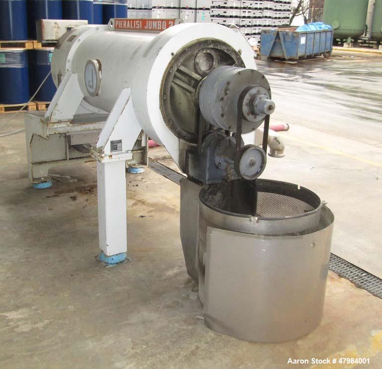 Used Pieralisi Jumbo 2 Solid Bowl Decanter Centrifuge. Stainless steel on product contact areas. Maximum bowl speed 3250 rpm, single lead conveyor, gearbox incl. back drive, cast casing, feed pipe, 5...