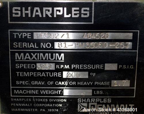Used Sharples PM-35000 Super-D-Canter Centrifuge. 316 Stainless steel construction on product contact areas, maximum bowl speed 3250 rpm, 5 1/2" single lead conveyor with sintered tungsten carbide we...