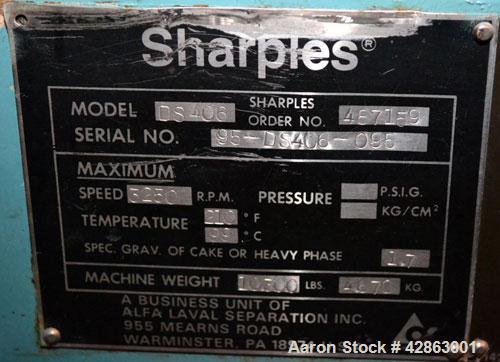 Used Sharples DS-406 Super-D-Canter Centrifuge. 317 Stainless steel construction (product contact areas), maximum bowl speed 3250 rpm, 7-1/2 single lead conveyor with sintered tungsten carbide wear p...