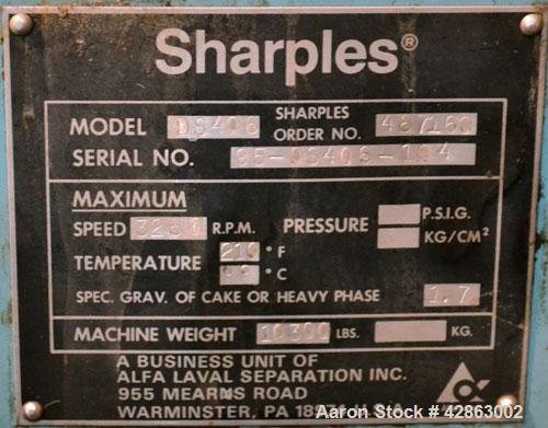 Used Sharples DS-406 Super-D-Canter Centrifuge. 317 Stainless steel construction (product contact areas), maximum bowl speed 3250 rpm, 7-1/2 single lead conveyor with sintered tungsten carbide wear p...