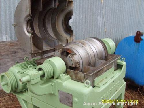 Used Sharples P-2000 Super-D-Canter Centrifuge. 316 stainless steel construction on product contact areas, max bowl speed 3240 rpm, single lead conveyor, 1,2,3,4 slotted liquid plate dam, gearbox wit...