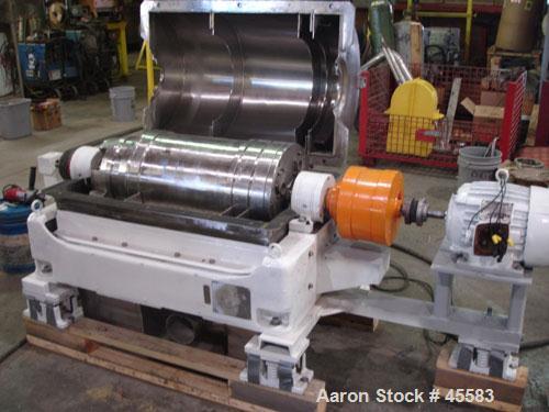 RECONDITIONED: Sharples sanitary P-3000 Super-D-Canter centrifuge, 316 stainless steel. Max bowl speed 4000 rpm. Contour bowl design, hogged out cake ports, 3" single lead conveyor with hardfacing, e...
