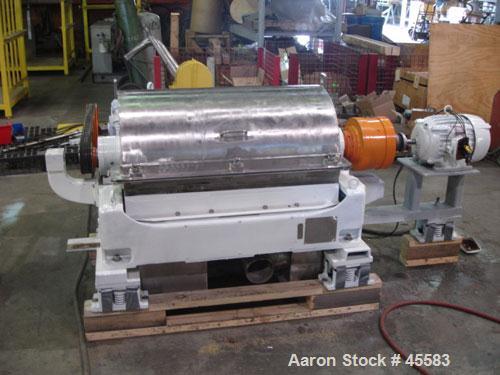 RECONDITIONED: Sharples sanitary P-3000 Super-D-Canter centrifuge, 316 stainless steel. Max bowl speed 4000 rpm. Contour bowl design, hogged out cake ports, 3" single lead conveyor with hardfacing, e...