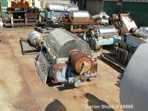 USED: Sharples P-3000 Super-D-Canter centrifuge, 316 stainless steel. 10 deg contour bowl, grooved beach, hogged out cake ports. 4-1/4" pitch single lead conveyor. 125:1 gearbox,slotted liquid dams 1...