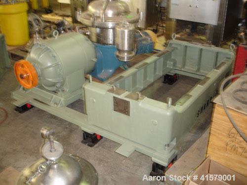 Used Sharples P-3400 Super-D-Canter Centrifuge, 316 stainless steel construction (product contact areas). Maximum bowl speed 4000 rpm, 3" single lead conveyor with weld hardfacing, hogged-out cake di...