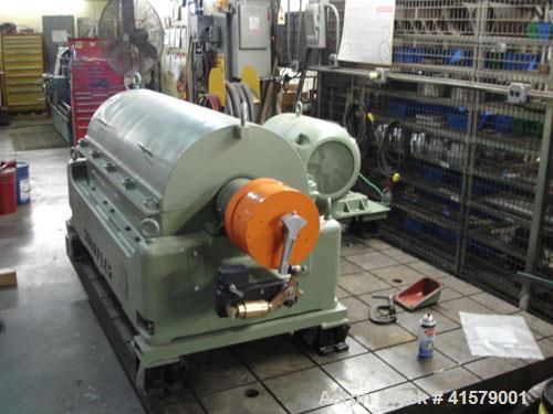 Used Sharples P-3400 Super-D-Canter Centrifuge, 316 stainless steel construction (product contact areas). Maximum bowl speed 4000 rpm, 3" single lead conveyor with weld hardfacing, hogged-out cake di...