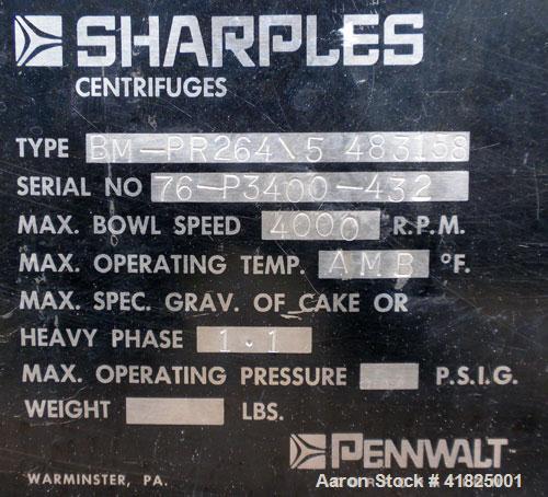 Used Sharples P-3400 Super-D-Canter Centrifuge, 316 Stainless Steel Construction (Product Contact Areas). Maximum bowl speed 4000 RPM, hogged-out cake discharge ports with replaceable wear liners and...