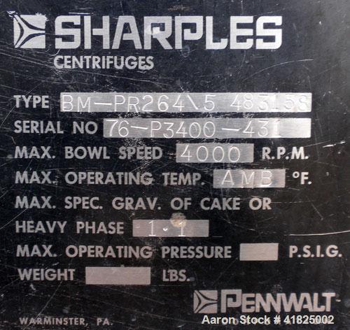 Used Sharples P-3400 Super-D-Canter Centrifuge, 316 Stainless Steel Construction (Product Contact Areas). Maximum bowl speed 4000 RPM, hogged-out cake discharge ports with replaceable wear liners and...