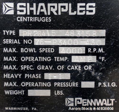 Used Sharples P-3400 Super-D-Canter Centrifuge, 316 Stainless Steel Construction (Product Contact Areas). Maximum bowl speed 4000 RPM, hogged-out cake discharge ports with replaceable wear liners and...