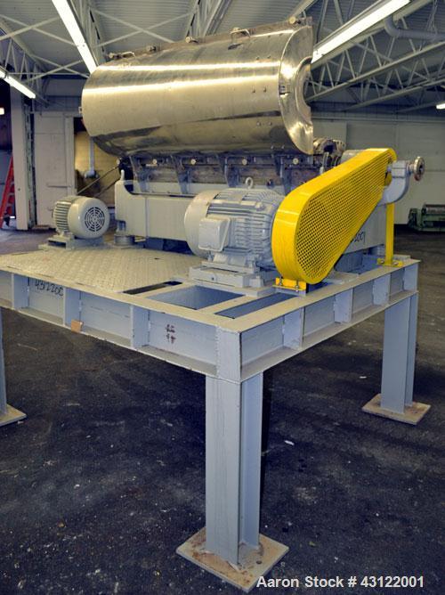 Used Sharples P-3400 Super-D-Canter Centrifuge. 316 Stainless steel construction (product contact areas), maximum bowl speed 3250 rpm, hogged out cake discharge ports with wear liners, 4.25" single l...