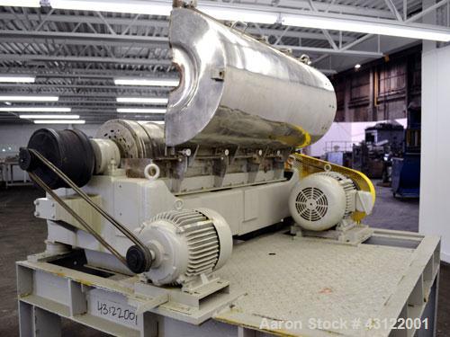Used Sharples P-3400 Super-D-Canter Centrifuge. 316 Stainless steel construction (product contact areas), maximum bowl speed 3250 rpm, hogged out cake discharge ports with wear liners, 4.25" single l...
