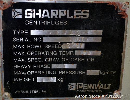 Used Sharples P-3400 Super-D-Canter Centrifuge. 316 Stainless steel construction (product contact areas), maximum bowl speed 3250 rpm, hogged out cake discharge ports with wear liners, 4.25" single l...