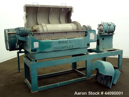 Used Sharples P-3400 Super-D-Canter Centrifuge. 316 Stainless steel construction (product contact areas), maximum bowl speed 4000 rpm, hogged out cake discharge ports with wear liners, 4.25" single l...