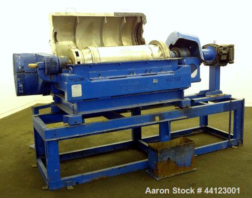 Used Sharples P-3400 Super-D-Canter Centrifuge. 316 Stainless steel construction (product contact areas), maximum bowl speed 4000 rpm, 360 degree cake discharge ports with wear liners, 4.25" single l...