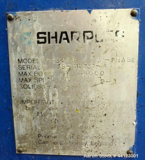 Used Sharples P-3400 Super-D-Canter Centrifuge. 316 Stainless steel construction (product contact areas), maximum bowl speed 4000 rpm, 360 degree cake discharge ports with wear liners, 4.25" single l...