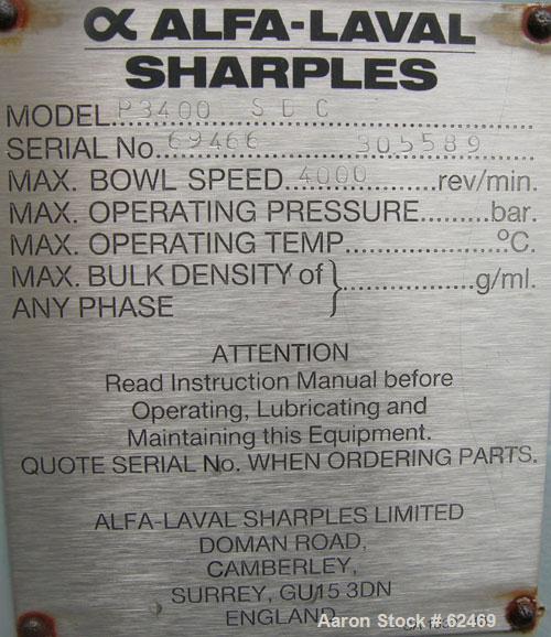 USED: Sharples P3400 Super-D-Canter centrifuge. 316 stainless steel construction on product contact areas. Max bowl speed 4000 rpm, 4.25" single lead conveyor with welded hardfacing wear protection, ...