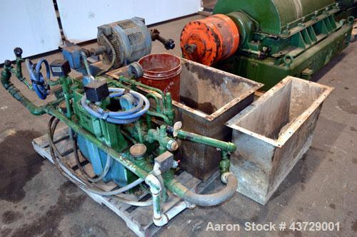 Used Sharples P-4600 Super-D-Canter Centrifuge. 317 Stainless steel construction (Product contact areas). 3000 RPM, 5” single lead conveyor with sintered tungsten carbide wear protection, hogged out ...