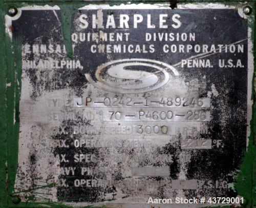 Used Sharples P-4600 Super-D-Canter Centrifuge. 317 Stainless steel construction (Product contact areas). 3000 RPM, 5” single lead conveyor with sintered tungsten carbide wear protection, hogged out ...