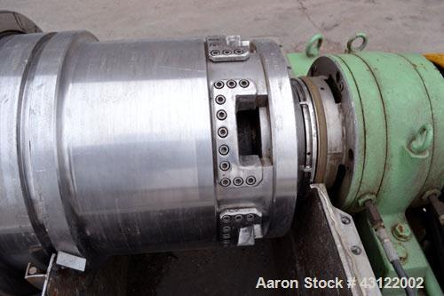 Used Sharples P-4800 Super-D-Canter Centrifuge. 316 Stainless steel construction (product contact areas), maximum bowl speed 3350 rpm, discharge ports with wear liners, 7" single lead conveyor welded...