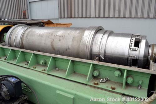 Used Sharples P-4800 Super-D-Canter Centrifuge. 316 Stainless steel construction (product contact areas), maximum bowl speed 3350 rpm, discharge ports with wear liners, 7" single lead conveyor welded...