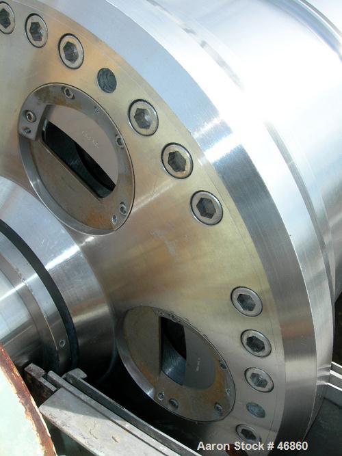 USED: Sharples P-5000 Super-D-Canter centrifuge, 316 stainless steel. Max bowl speed 3000 rpm, small bolt pattern bowl, 5" single lead conveyor with sintered tungsten carbide wear protection tiles, h...