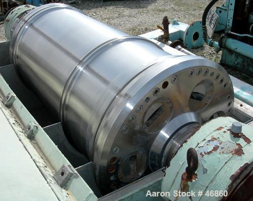 USED: Sharples P-5000 Super-D-Canter centrifuge, 316 stainless steel. Max bowl speed 3000 rpm, small bolt pattern bowl, 5" single lead conveyor with sintered tungsten carbide wear protection tiles, h...