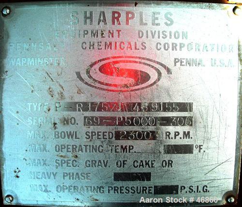 USED: Sharples P-5000 Super-D-Canter centrifuge, 316 stainless steel. Max bowl speed 3000 rpm, small bolt pattern bowl, 5" single lead conveyor with sintered tungsten carbide wear protection tiles, h...