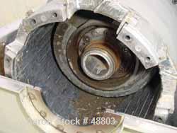 USED: Sharples P-5400 Super-D-Canter Centrifuge. 316/317 stainless steel construction. Max bowl speed 2700 rpm, small bolt pattern bowl assembly. 5" single lead conveyor with sintered tungsten carbid...