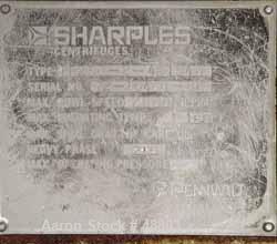 USED: Sharples P-5400 Super-D-Canter Centrifuge. 316/317 stainless steel construction. Max bowl speed 2700 rpm, small bolt pattern bowl assembly. 5" single lead conveyor with sintered tungsten carbid...