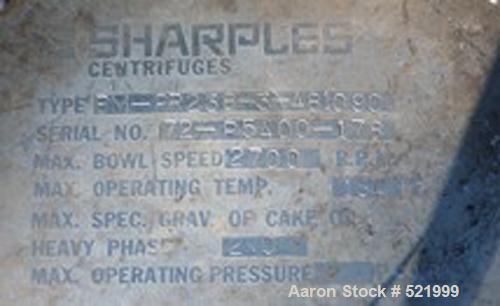 USED: Sharples P-5400 Super-D-Canter centrifuge. 316 stainless steel construction on product contact areas, max bowl speed 2700 rpm, single lead conveyor with sintered tungsten carbide wear protectio...