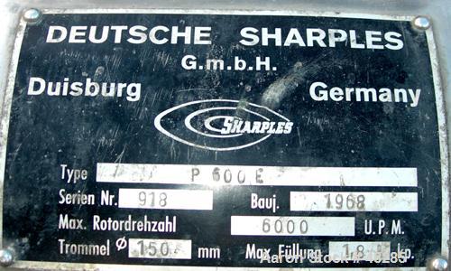 USED: Sharples P600 Super-D-Canter Centrifuge. 316 stainless steel construction on product contact areas, max bowl speed 5000 rpm, 1.5" single lead conveyor with welded hardfacing, hogged-out cake di...