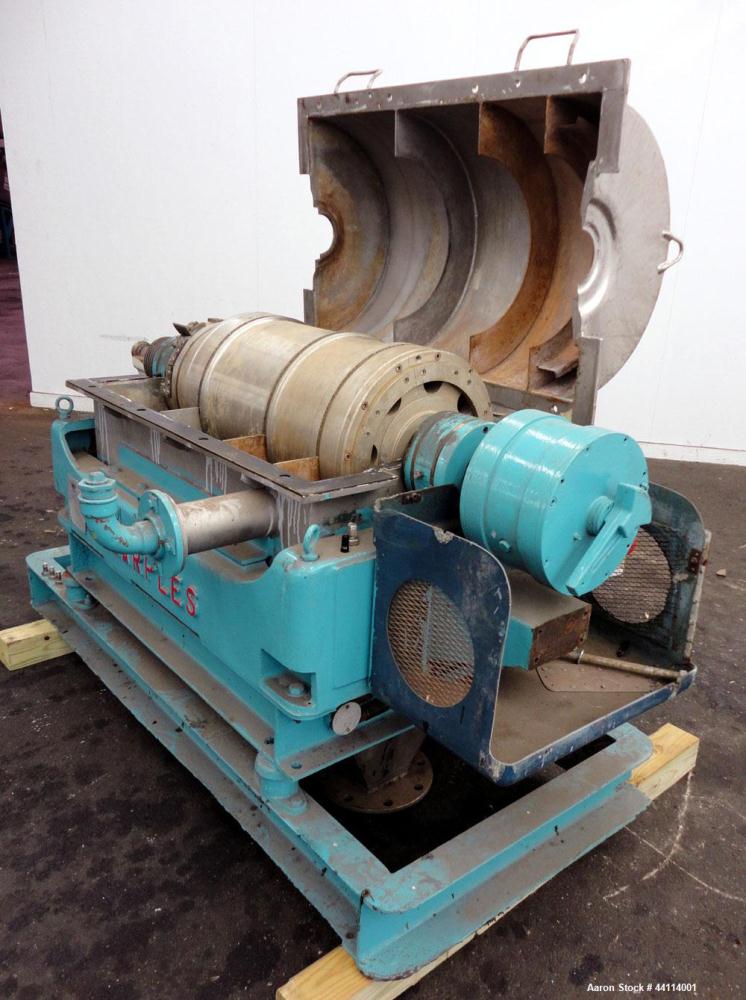 Used Sharples P-3000 Super-D-Canter Centrifuge. 316 Stainless steel construction (product contact areas), maximum bowl speed 3150 rpm, hogged- out cake discharge ports with replaceable wear liners, c...