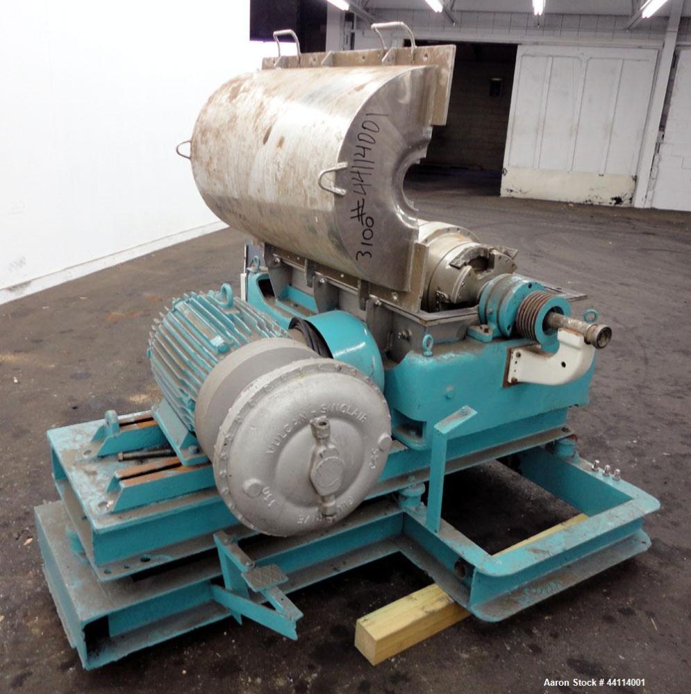 Used Sharples P-3000 Super-D-Canter Centrifuge. 316 Stainless steel construction (product contact areas), maximum bowl speed 3150 rpm, hogged- out cake discharge ports with replaceable wear liners, c...
