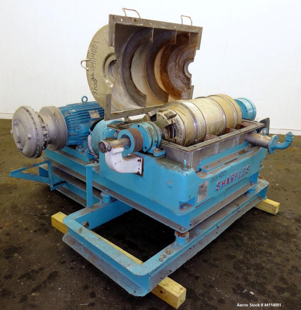 Used Sharples P-3000 Super-D-Canter Centrifuge. 316 Stainless steel construction (product contact areas), maximum bowl speed 3150 rpm, hogged- out cake discharge ports with replaceable wear liners, c...