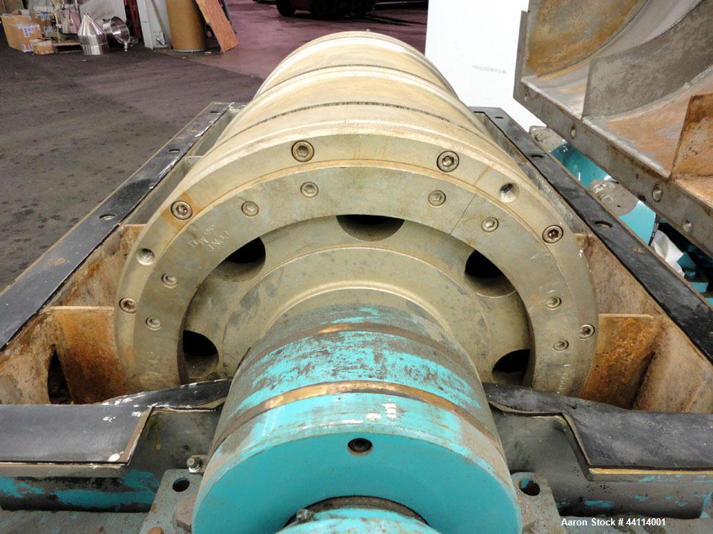 Used Sharples P-3000 Super-D-Canter Centrifuge. 316 Stainless steel construction (product contact areas), maximum bowl speed 3150 rpm, hogged- out cake discharge ports with replaceable wear liners, c...