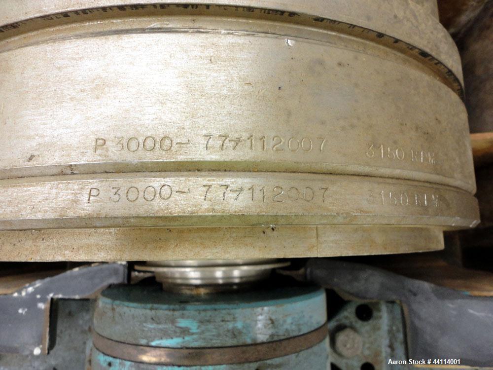Used Sharples P-3000 Super-D-Canter Centrifuge. 316 Stainless steel construction (product contact areas), maximum bowl speed 3150 rpm, hogged- out cake discharge ports with replaceable wear liners, c...