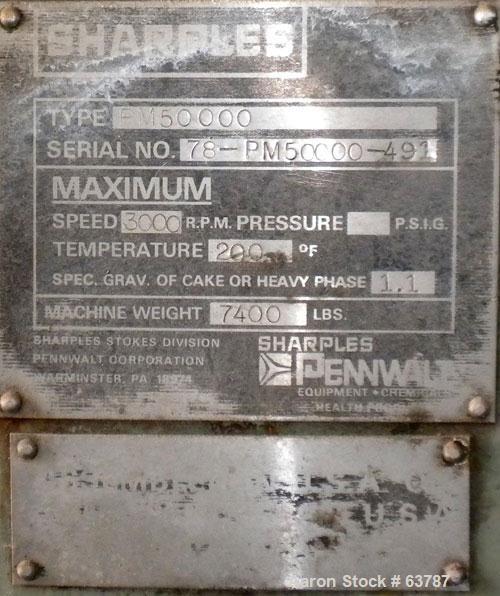 Used Sharples PM-50000 Super-D-Canter Centrifuge, 316 Stainless Steel Construction (Product Contact Areas). Max bowl speed 3000 RPM, single lead conveyor with hardfacing wear protection, hogged-out c...