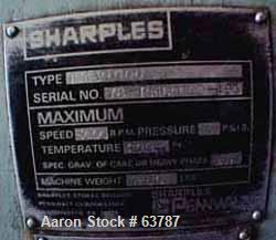 Used Sharples PM-50000 Super-D-Canter Centrifuge, 316 Stainless Steel Construction (Product Contact Areas). Max bowl speed 3000 RPM, single lead conveyor with hardfacing wear protection, hogged-out c...