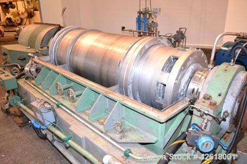Used Sharples P-5000 Super-D-Canter Centrifuge. 2205 Stainless steel construction (product contact areas), maximum bowl speed 3000 rpm, 360 degree solids discharge ports with sintered tungsten carbid...