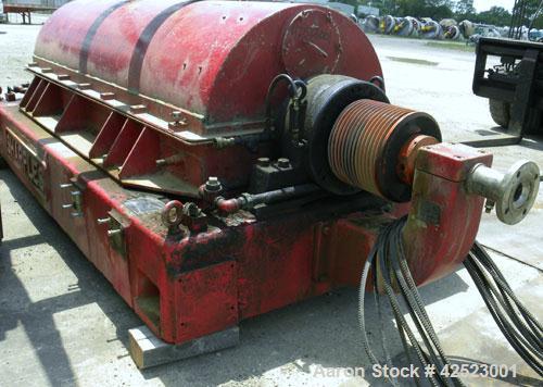 Used Sharples P-5400 Super-D-Canter Centrifuge, 316/317 stainless steel construction on product contact areas, maximum bowl speed 3000 rpm, 8.5" single lead conveyor with sintered tuingsten carbide w...
