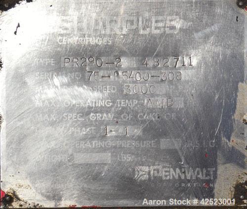 Used Sharples P-5400 Super-D-Canter Centrifuge, 316/317 stainless steel construction on product contact areas, maximum bowl speed 3000 rpm, 8.5" single lead conveyor with sintered tuingsten carbide w...