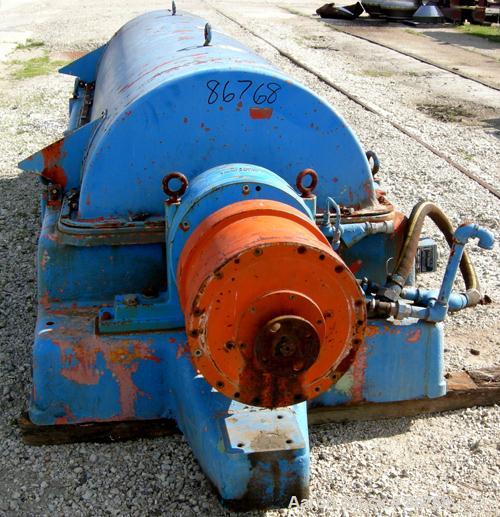 USED: Sharples PC-81000 Super-D-Canter Centrifuge, 304 stainless steel construction on product contact areas. Max bowl speed 2300 rpm, 8" single lead conveyor with tiles, 360 discharge with STC liner...